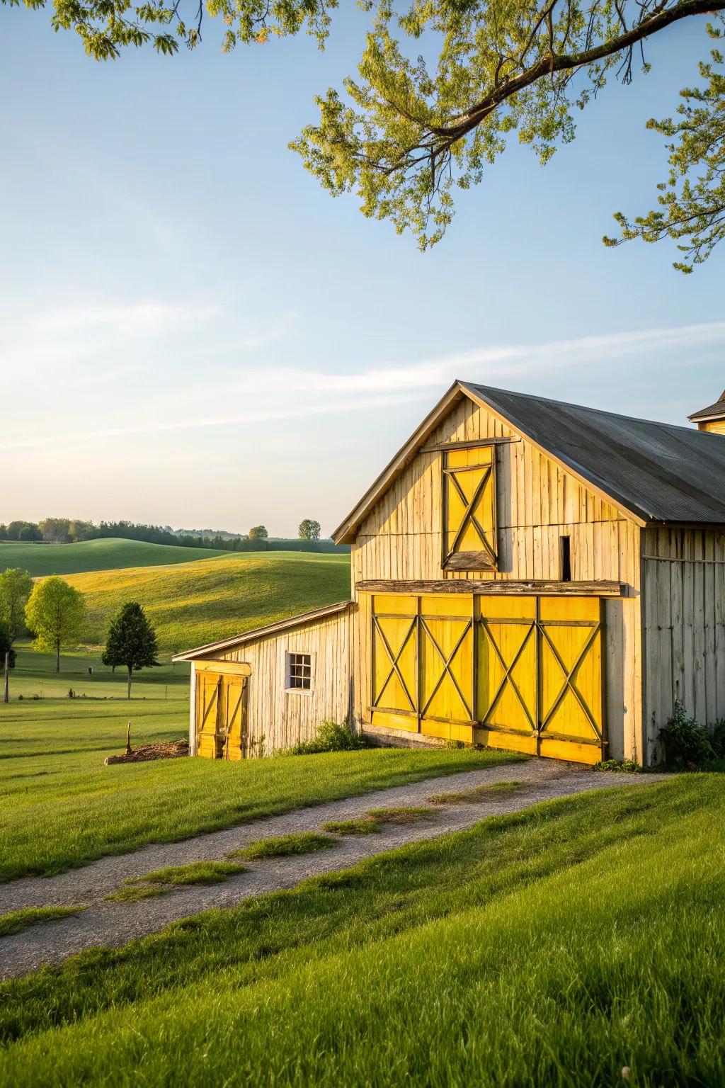 A barn featuring sunny gold accents that brings a cheerful vibe to the landscape.