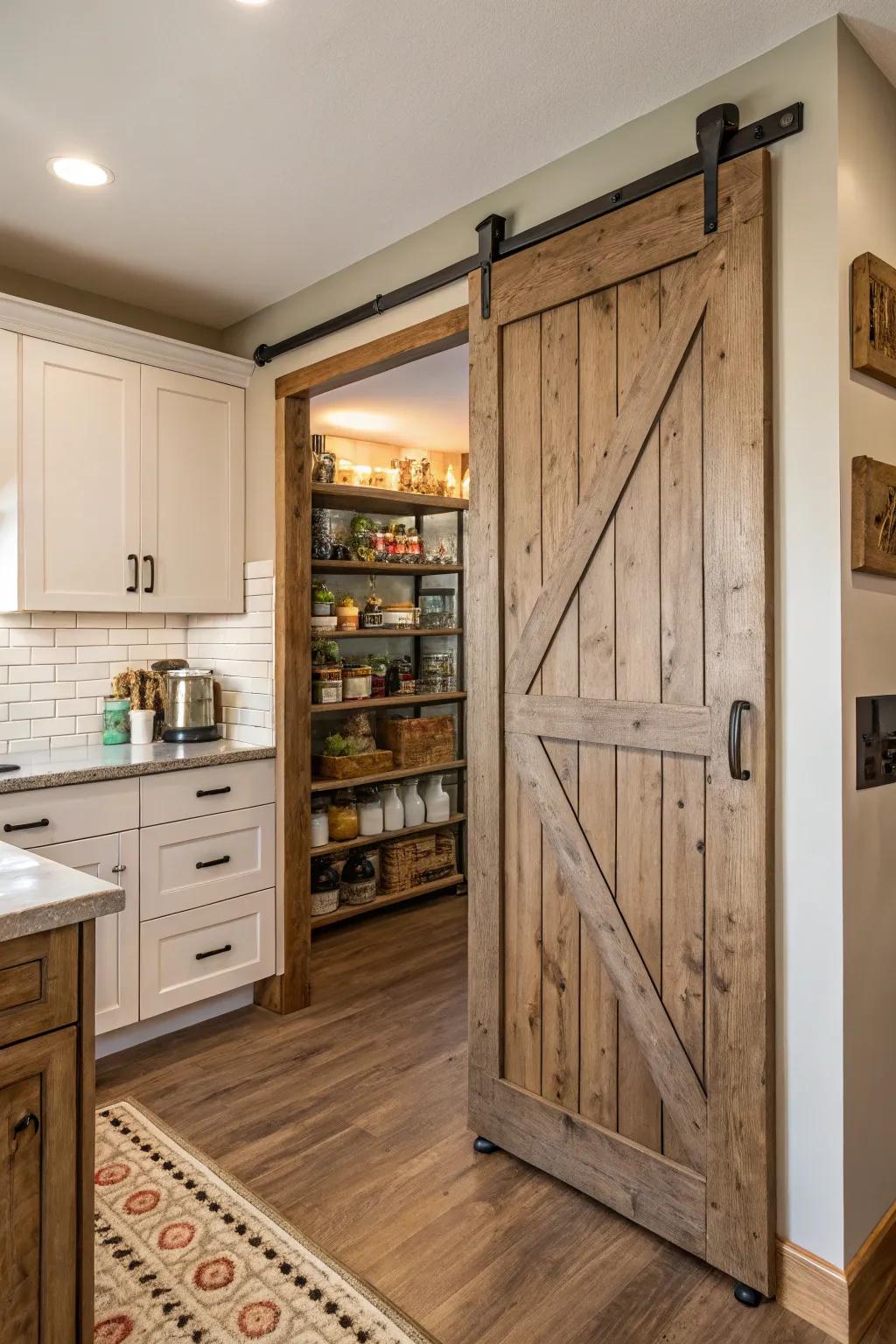 A kitchen that incorporates a sliding barn door pantry accentuated by groove and tongue paneling.