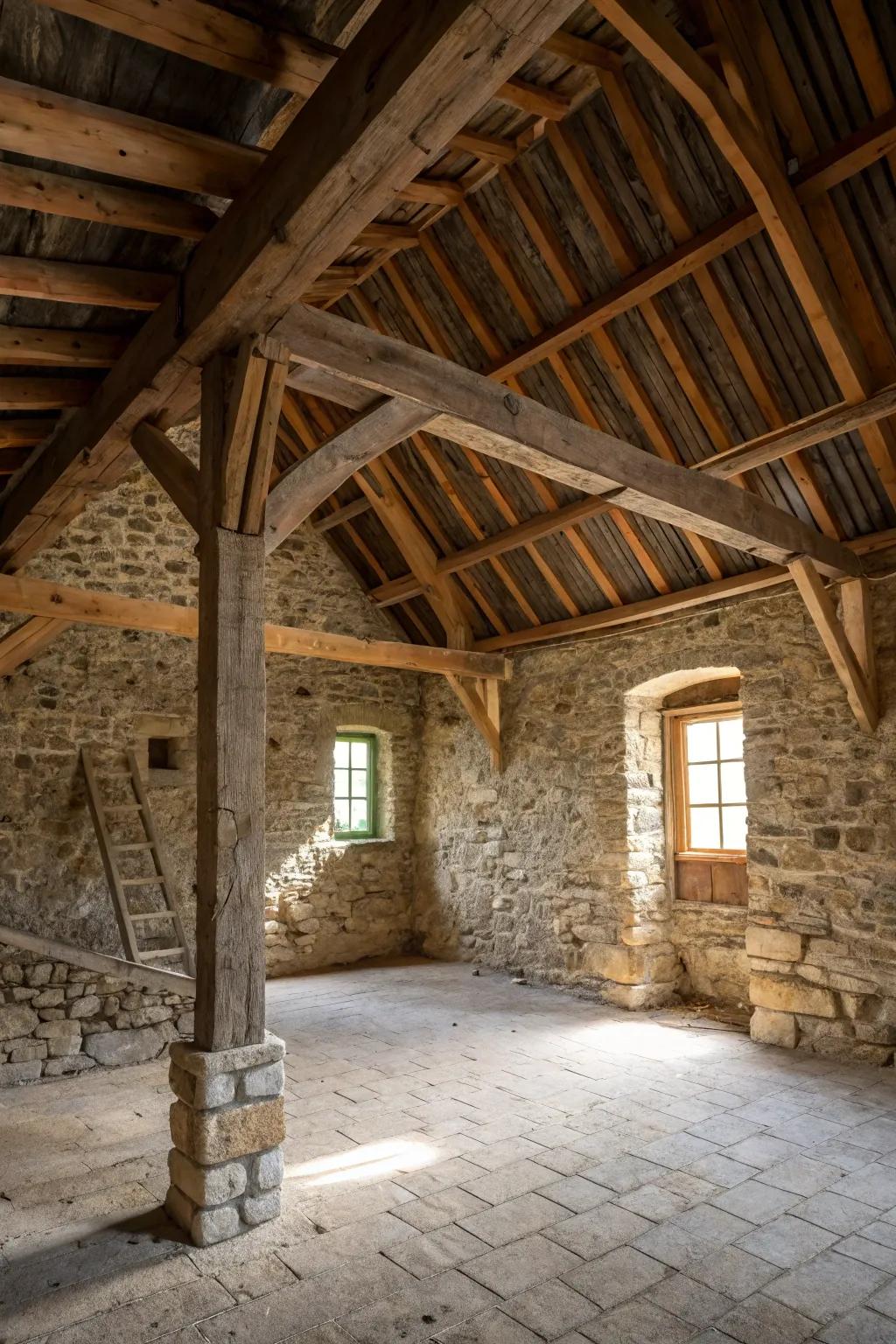 Natural materials like stone and wood enhance the authentic barn feel.