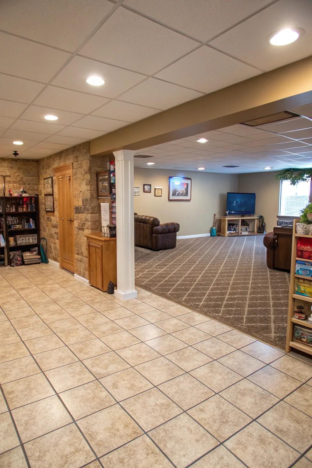Slab and soft combos offer practical zoning in basements.