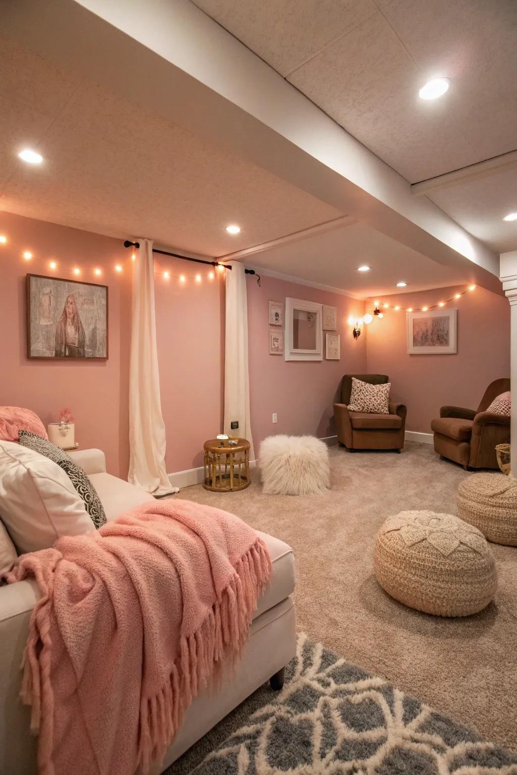 Walls of light pink add a soft, romantic touch to this comfortable basement.