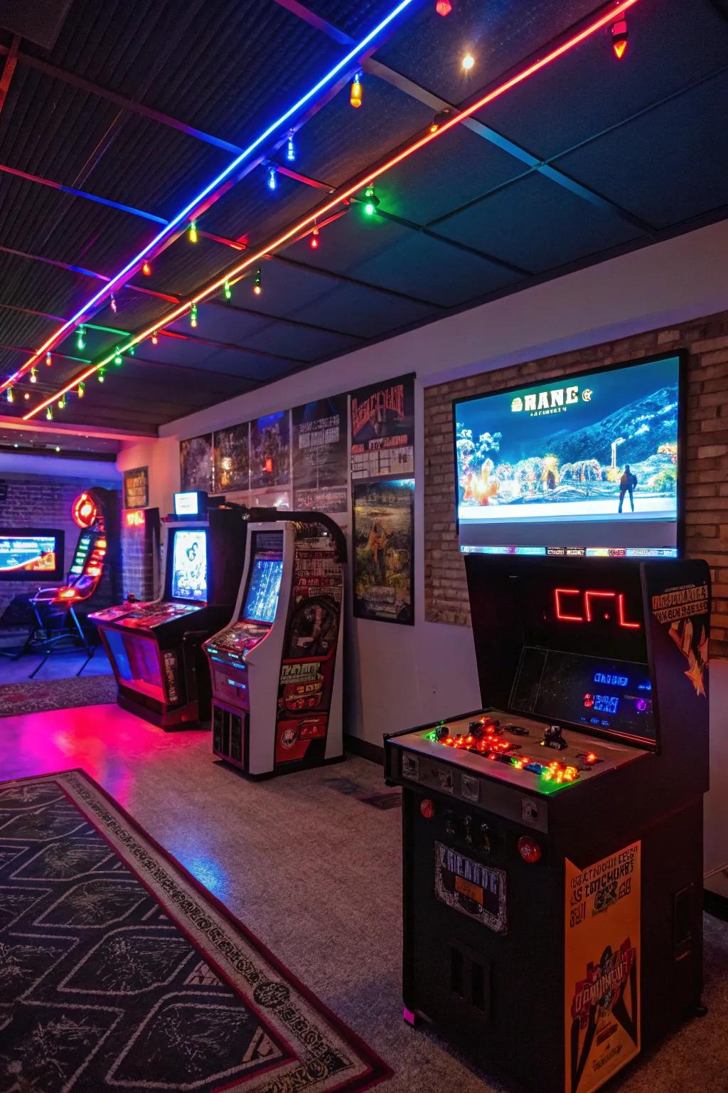 A fun basement game room with arcade games and vibrant LED lighting.