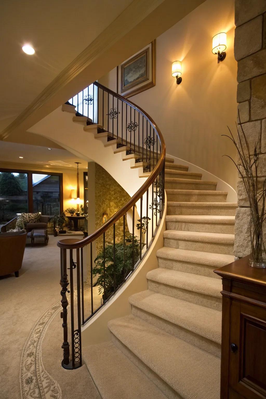 Curved railings introduce softness and sophistication to your stairs.