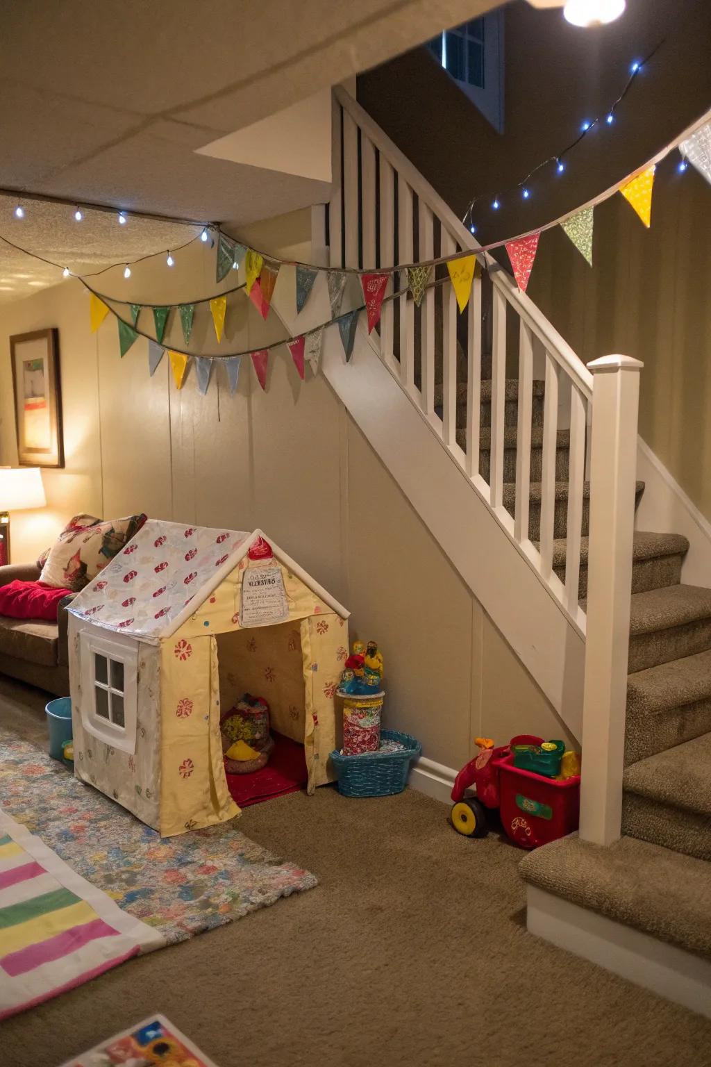 An under-steps playhouse is a whimsical retreat for kids.