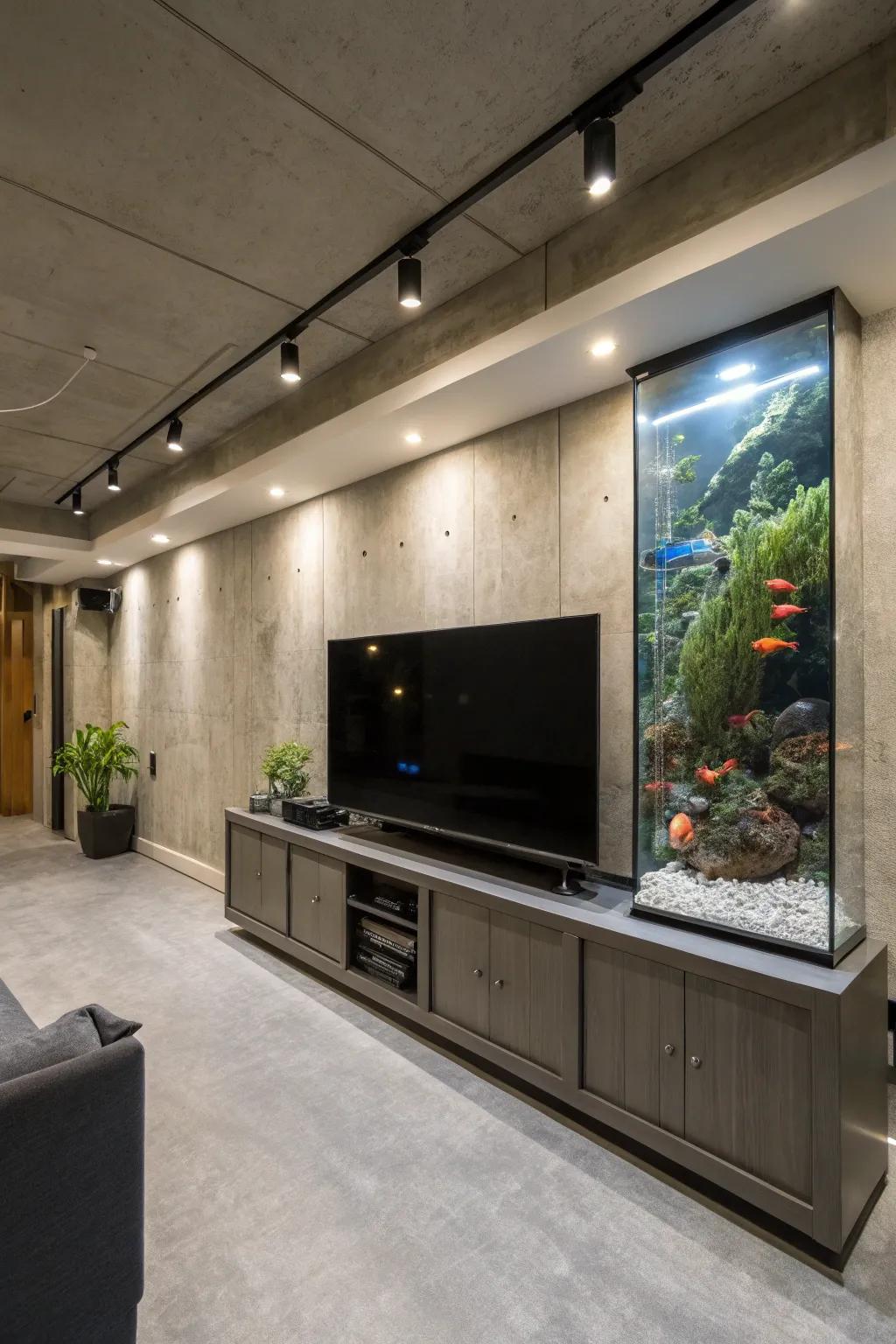 A basement TV wall enhanced by an adjacent aquarium for a unique and soothing effect.