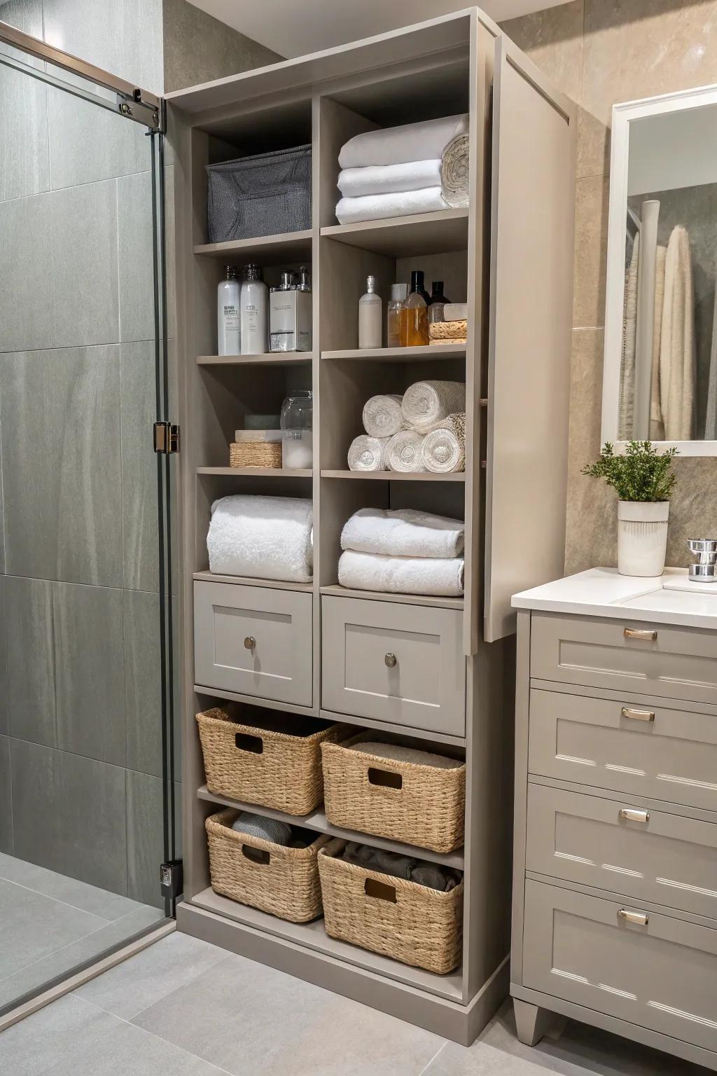 A flexible storage unit with drawers and shelves for maximum versatility.
