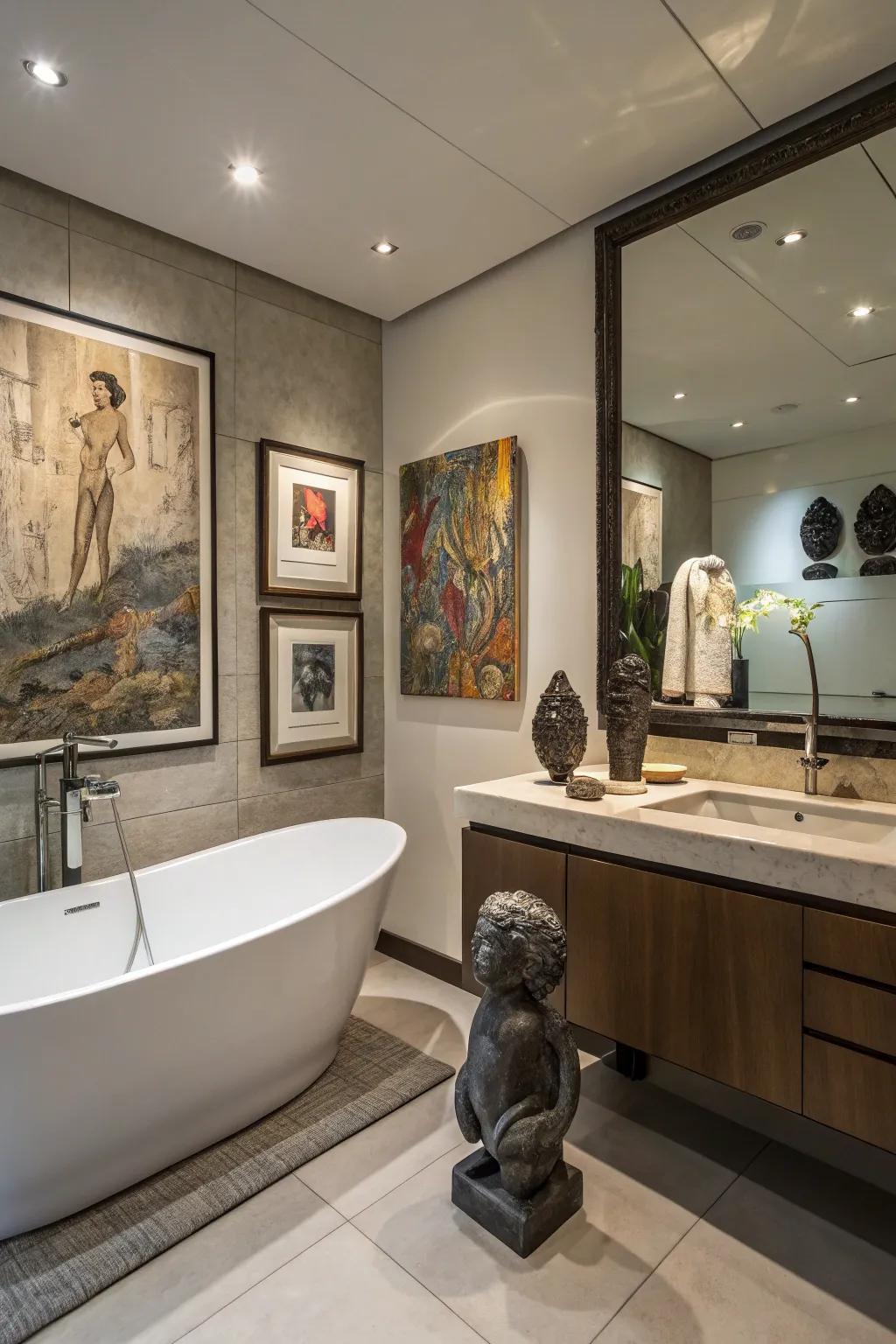 A bathroom adorned with artistic elements, adding a personal and sophisticated touch.