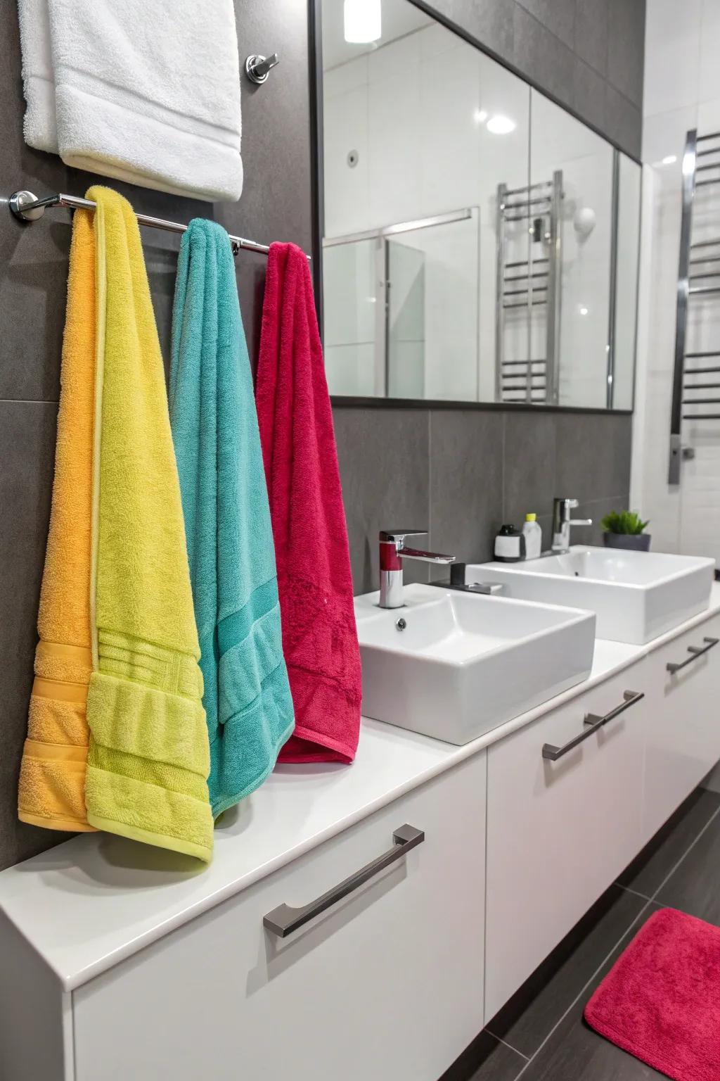 Introduce color with vibrant hand cloths for a lively effect.