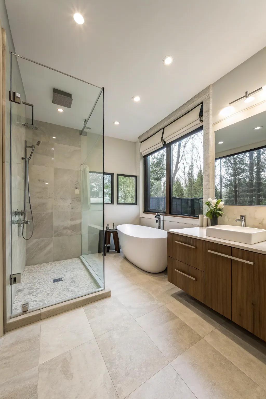 A bathroom design achieving smooth flow through consistent floor covering.