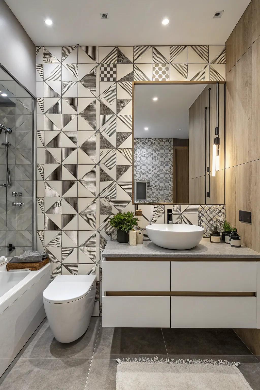 A dynamic bathroom featuring shapely arrangement accents.