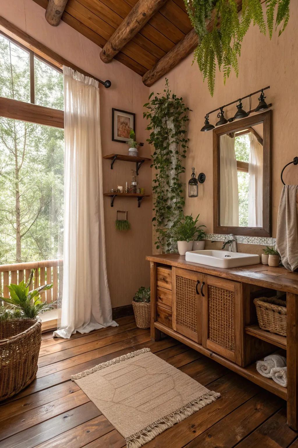 Turn your bathroom into a cozy woodland getaway using natural materials.