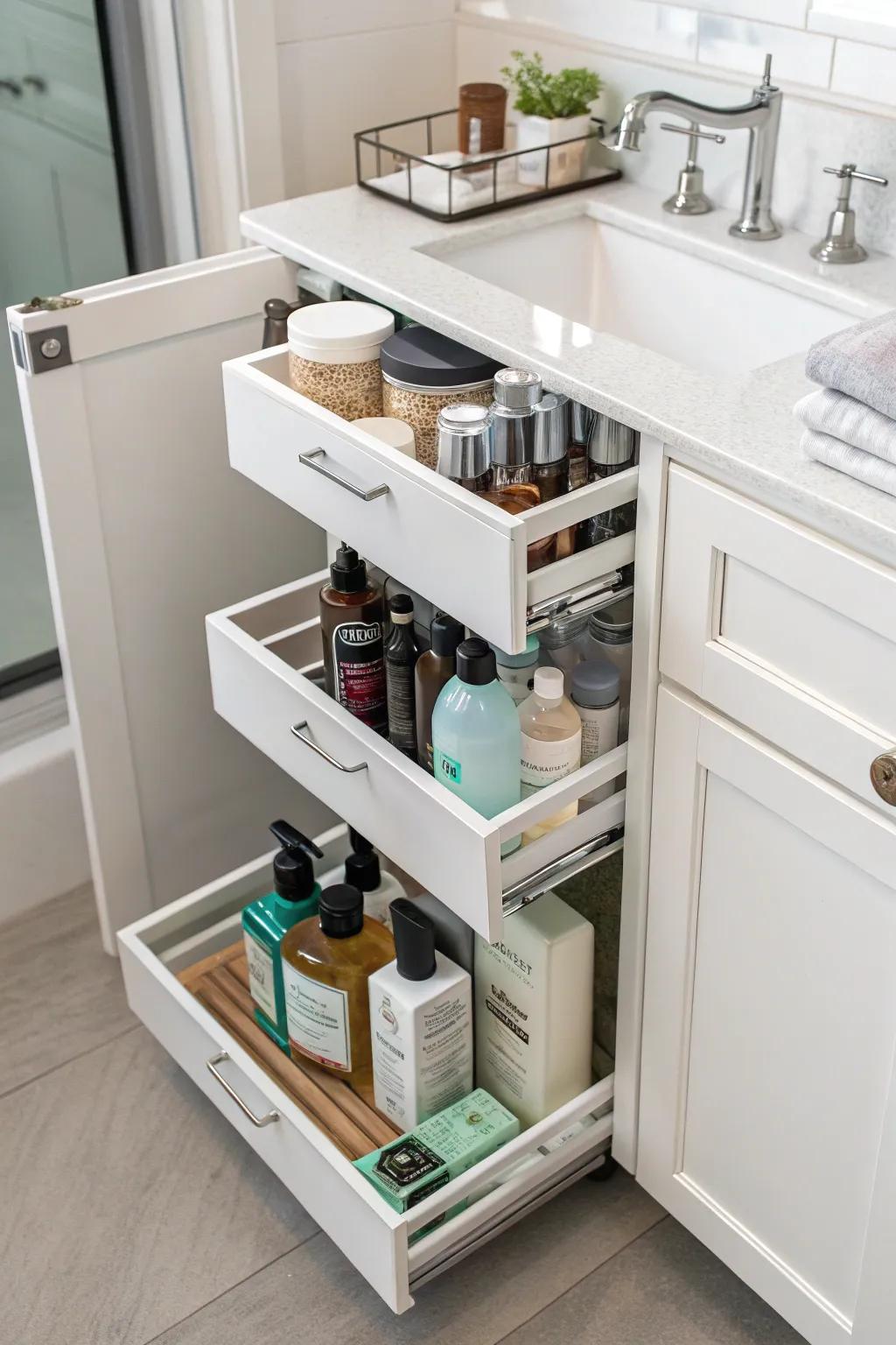 Vertical drawers maintain towering items arranged.