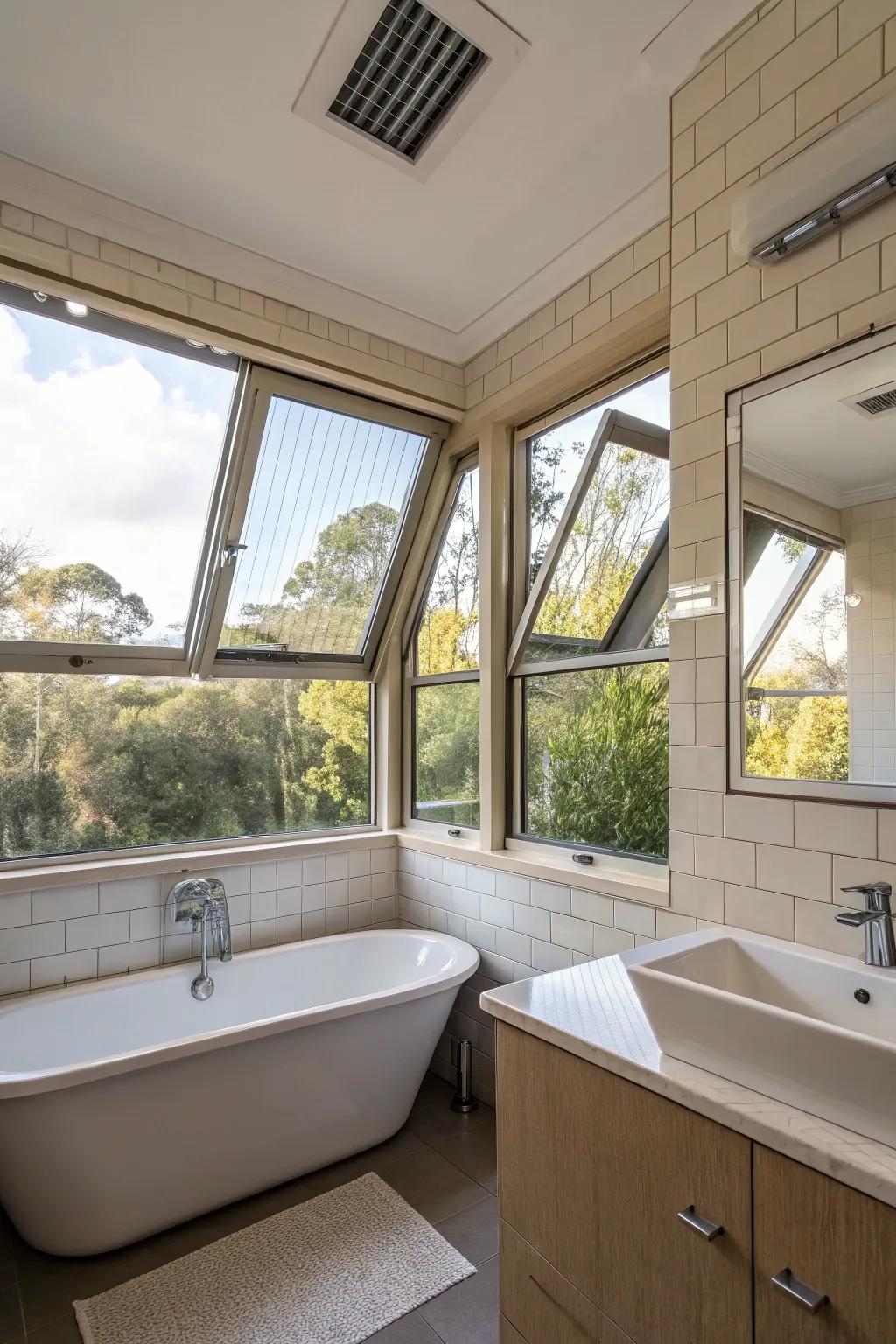 Hinged windows offering ventilation and style in the bathroom.