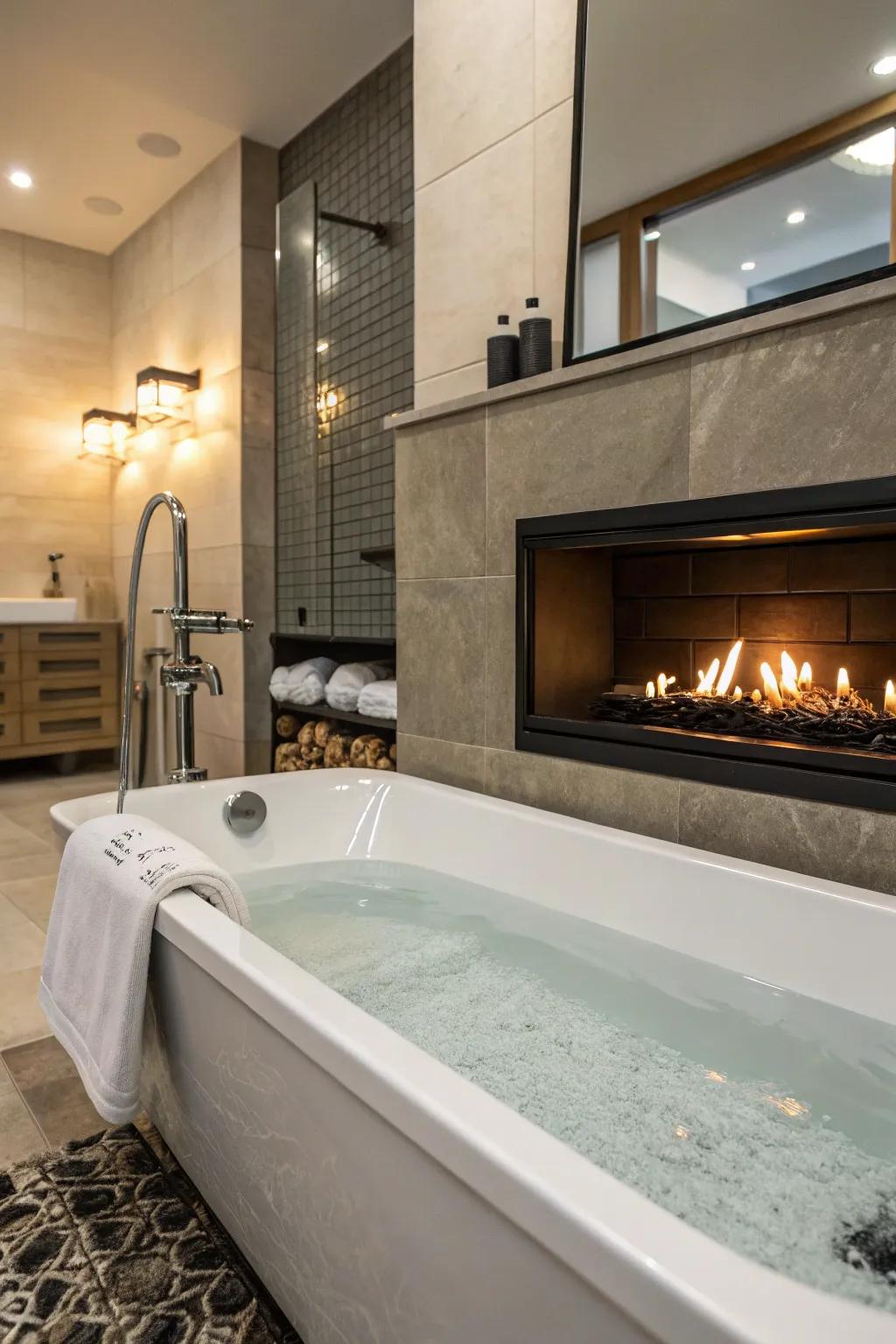 A cozy bathroom has a tub beside a warm, modern fireplace.