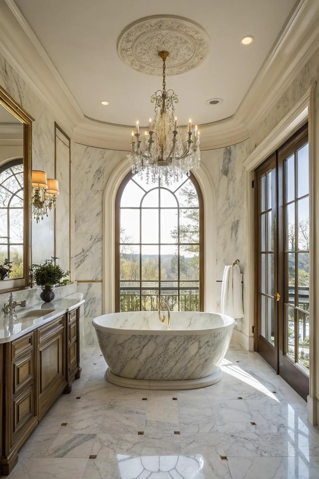 A stone surround injects timeless elegance into this tub.