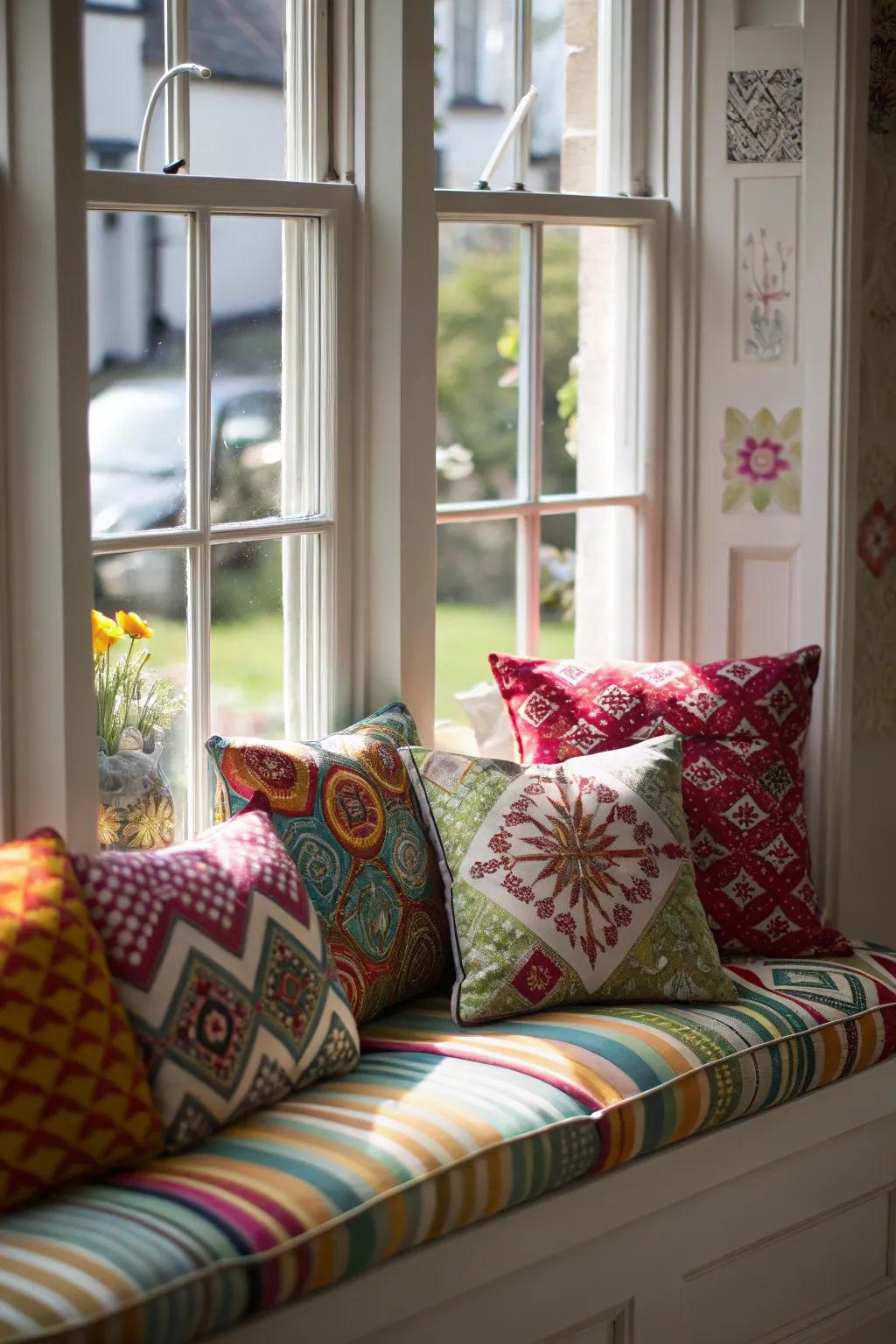 An assorted collection of cushions contributes persona and flair to your window seat.