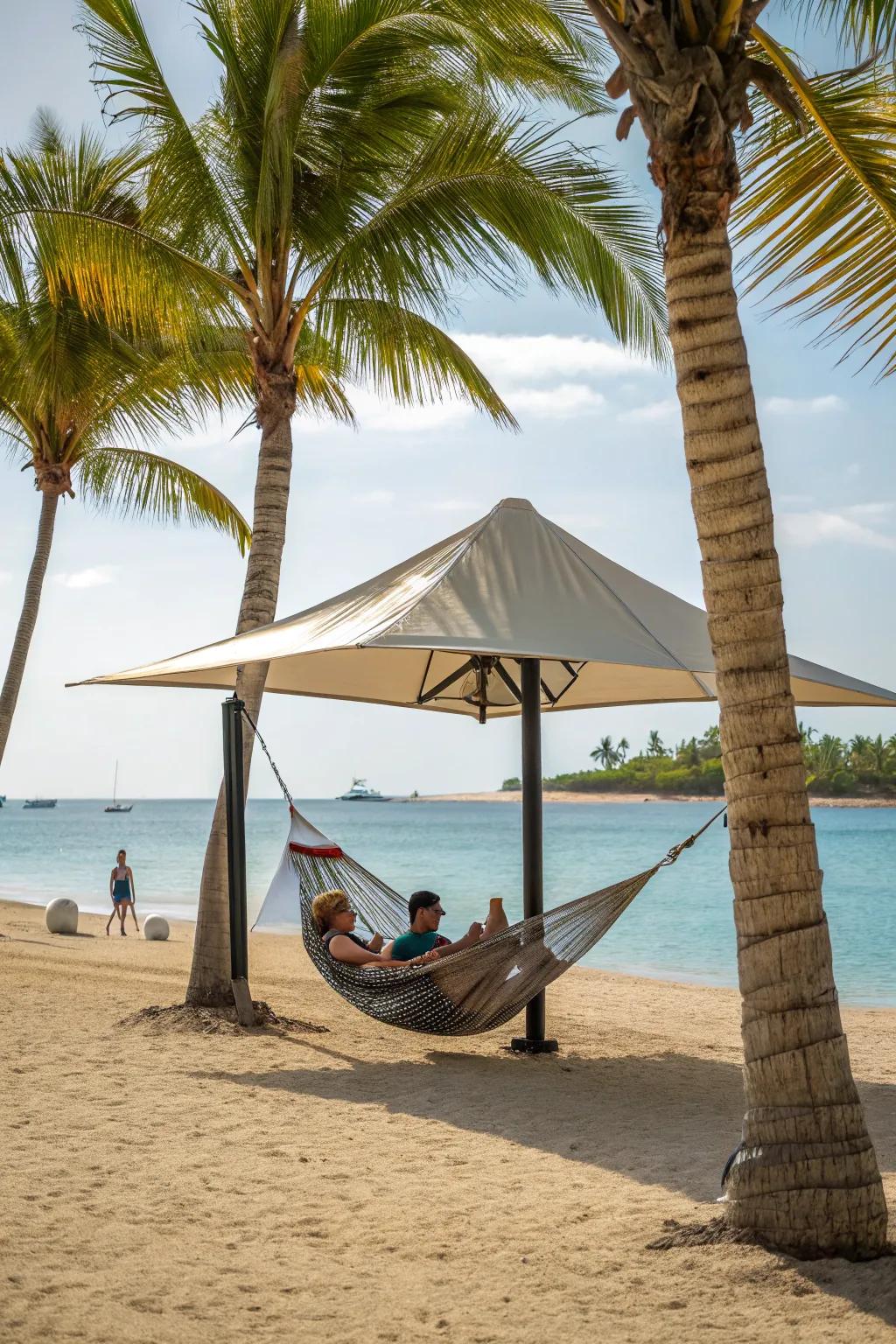 Unwind in a hammock fitted with inherent shade for the supreme beach nap.