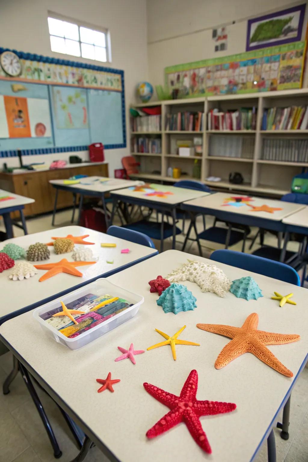 Starfish and coral decor bringing natural beach elements into the classroom.