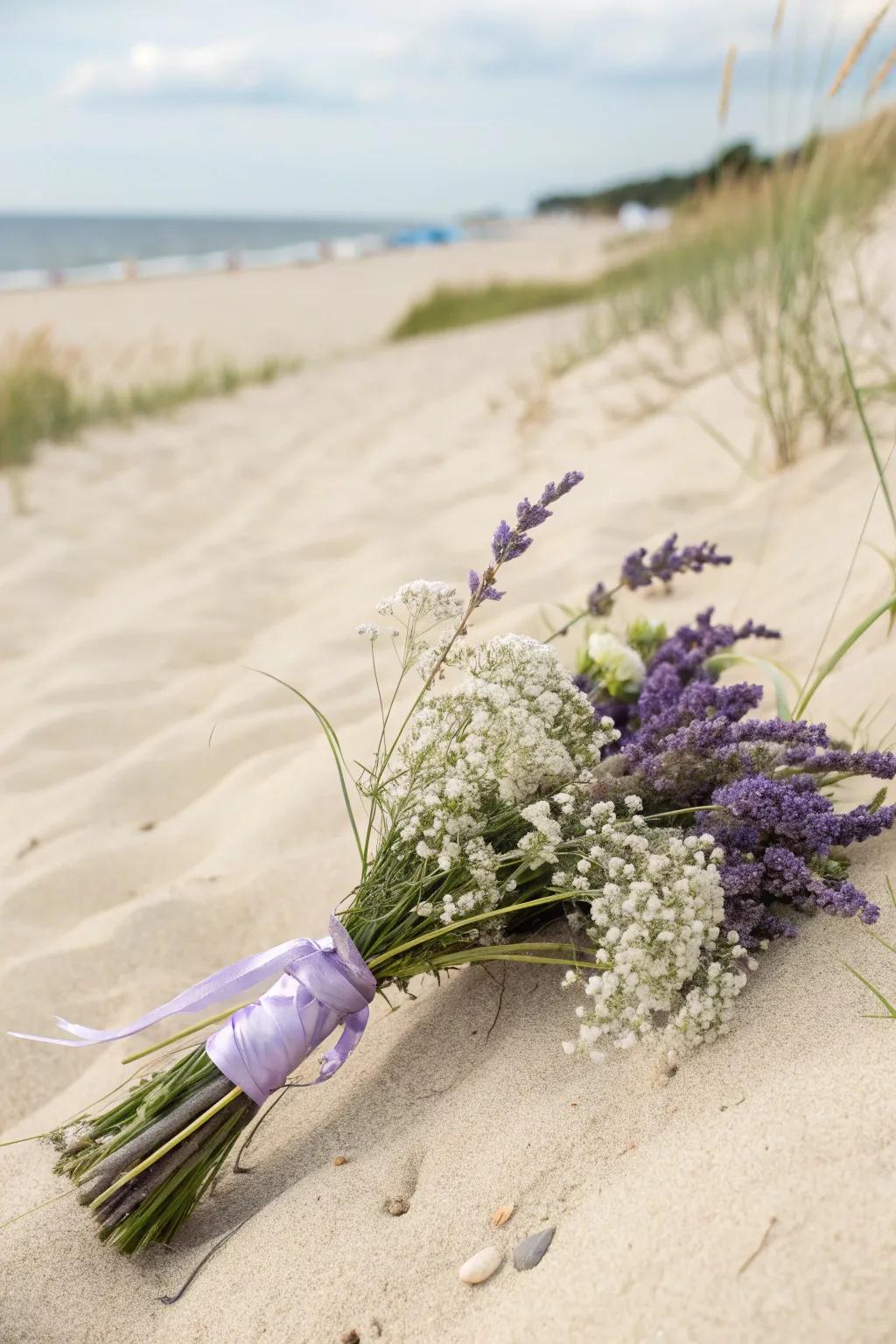 A soft, ethereal arrangement for a fairy-tale beach setting.
