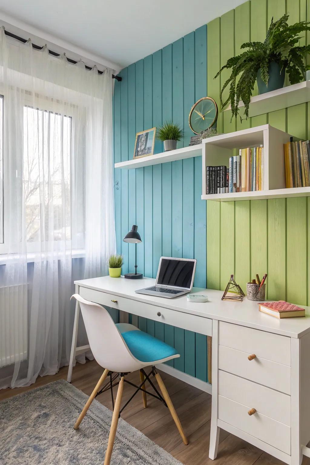 An eclectic office space featuring plank panel walls in a vibrant color.