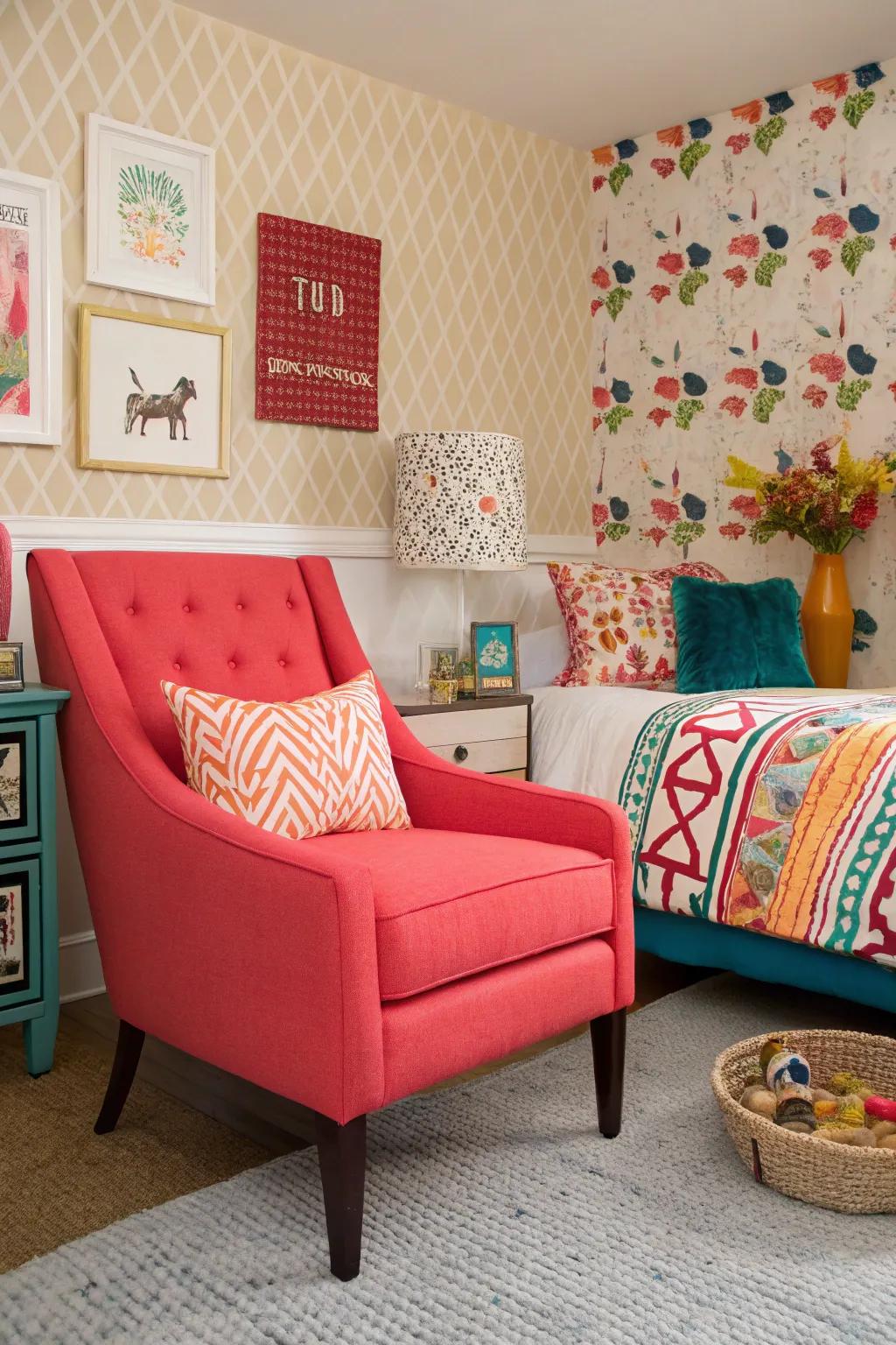 Accent chairs highlight patterns.