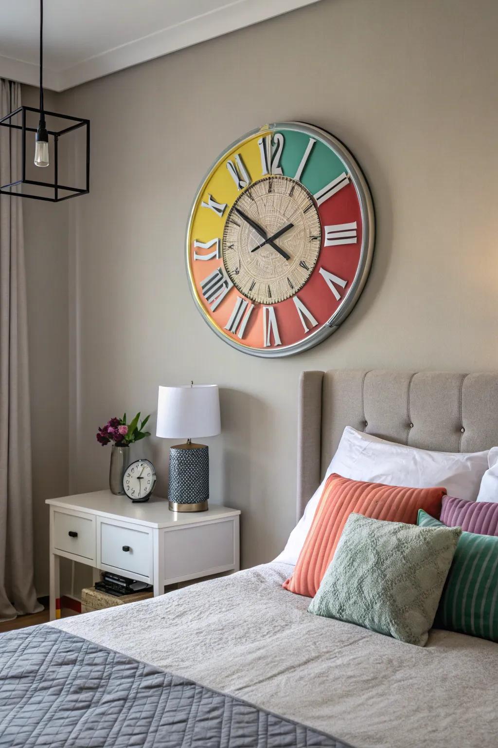 Introduce a splash of color with a vibrant clock accent.