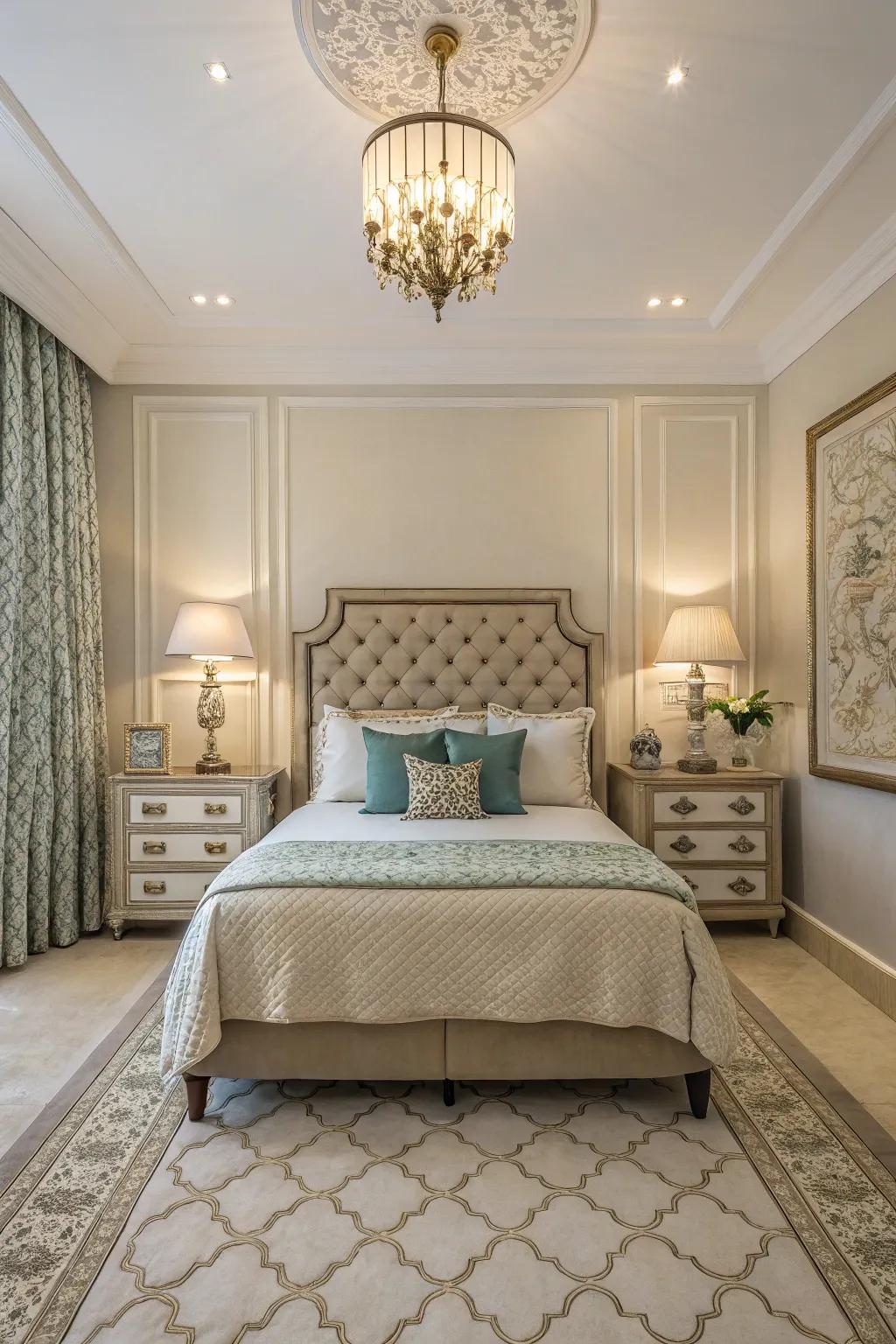 Consistent design elements bring harmony and balance to this inviting bedroom.