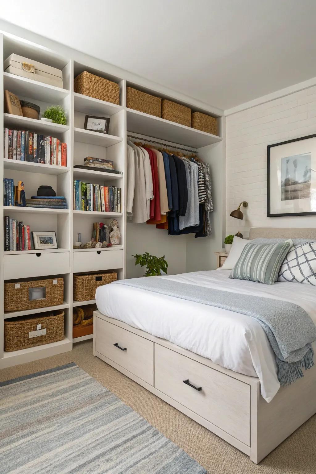 Smart storage solutions maintain a tidy and functional bedroom.