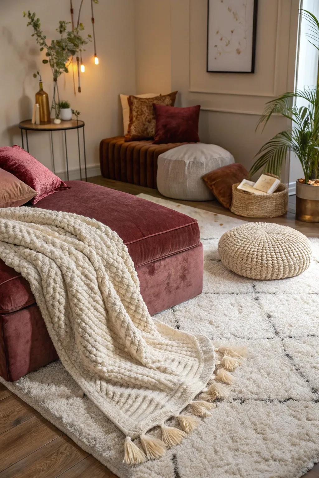 Mix materials for a rich, welcoming area.