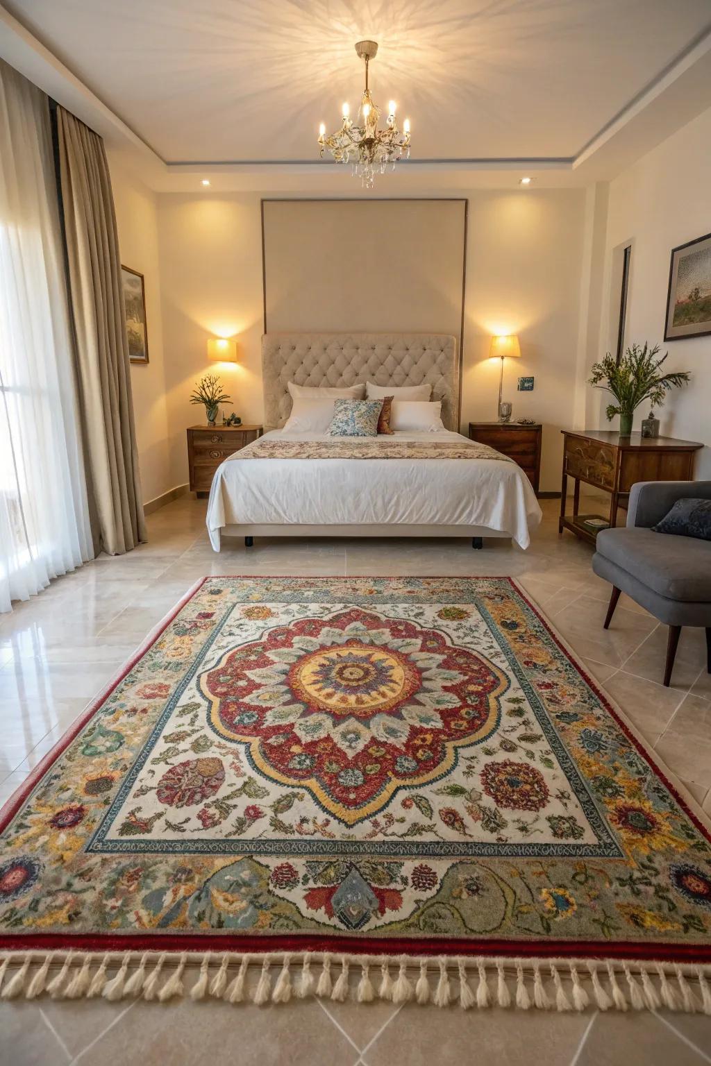 Artistic carpets enhance bedroom aesthetics.