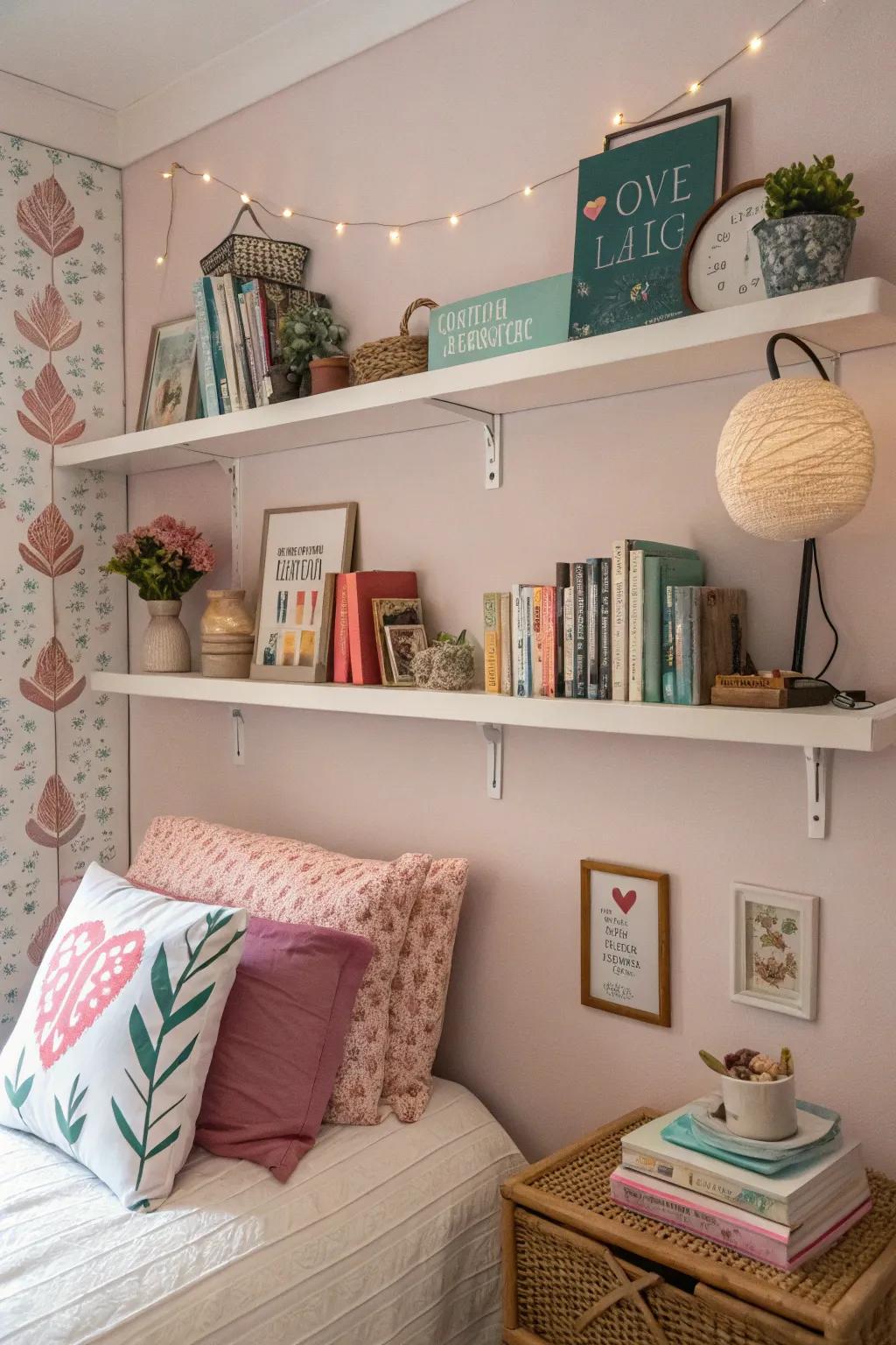 A bedroom showcasing stylish floating shelves.