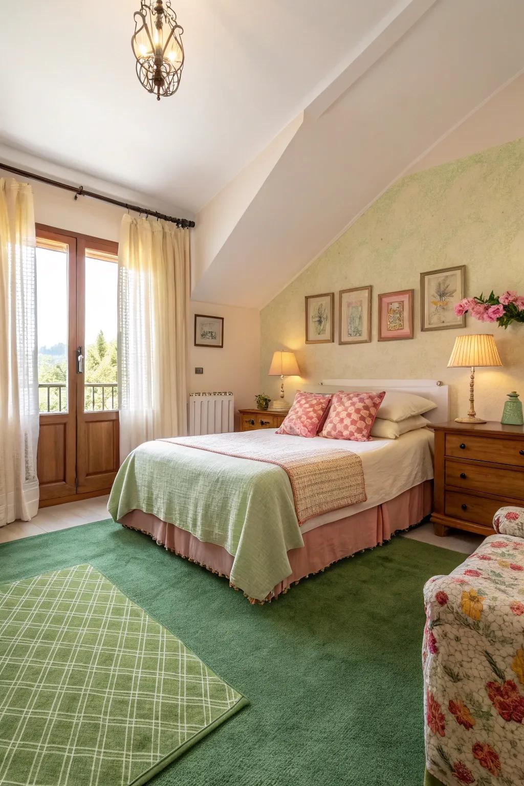 Complementary colors make a harmonious balance with the verdant floor covering.