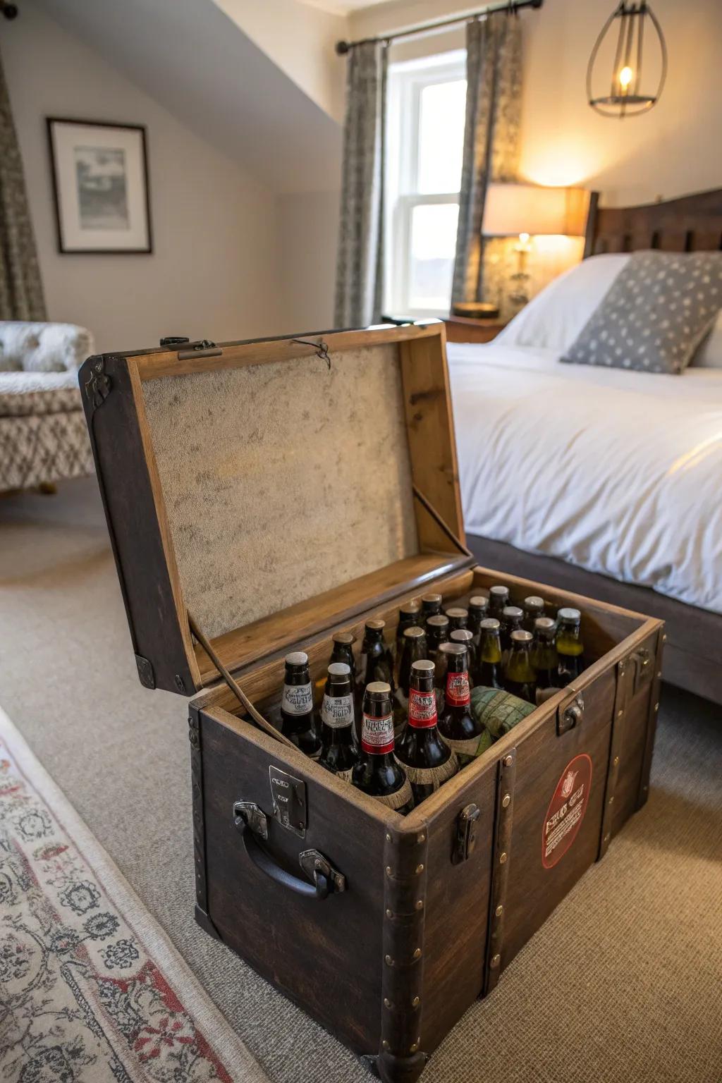 An old-fashioned chest in the sleeping quarters storing beer bottles, adding vintage charm.