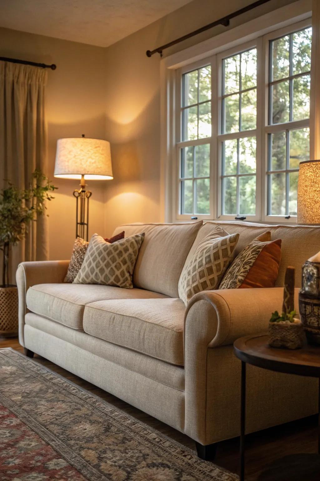 Warm ambient lighting fills a living room that features a sand-toned sofa.