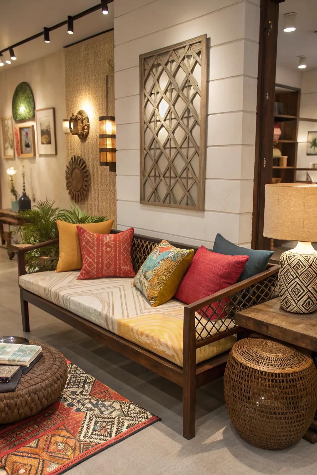 Asymmetrical cushions introduce an unexpected twist to your bench.