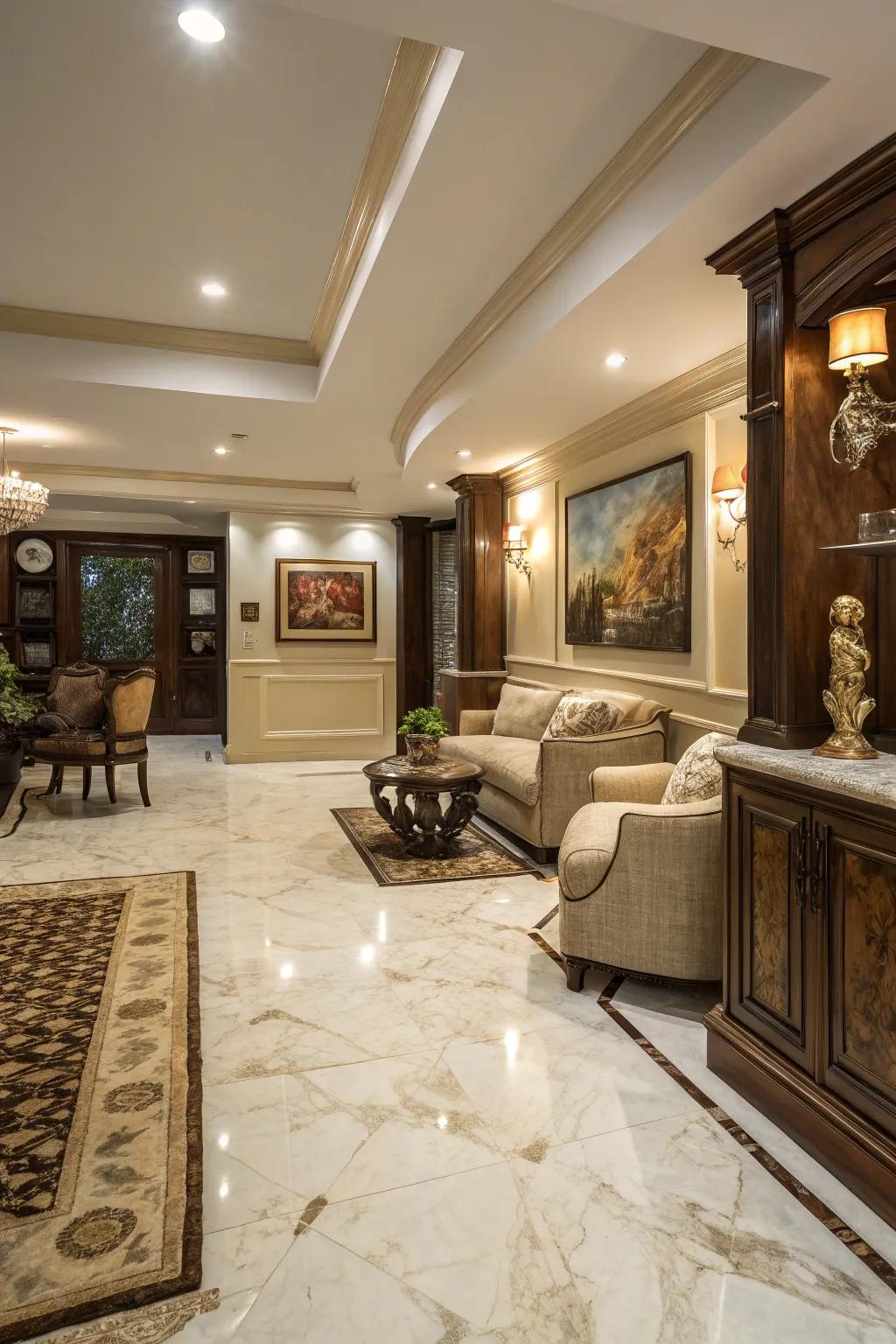 Marble-look tiles bring a touch of extravagance to storm cellar spaces.