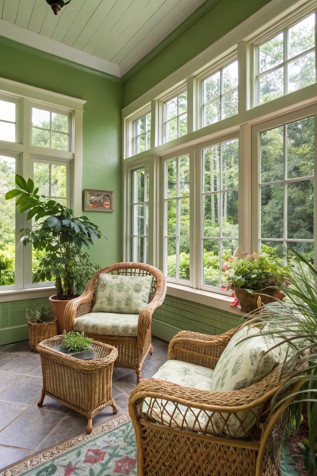 A refreshing sunroom featuring cucumber green walls.