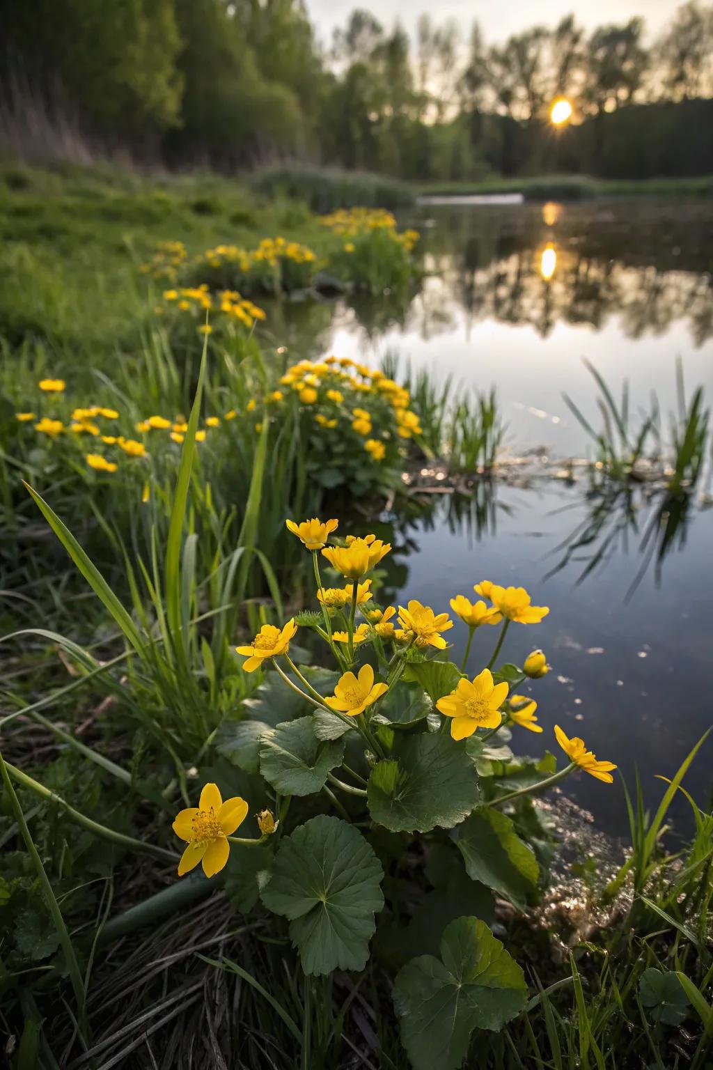 Pond sunburst brightens the pond with its golden spring blossoms.