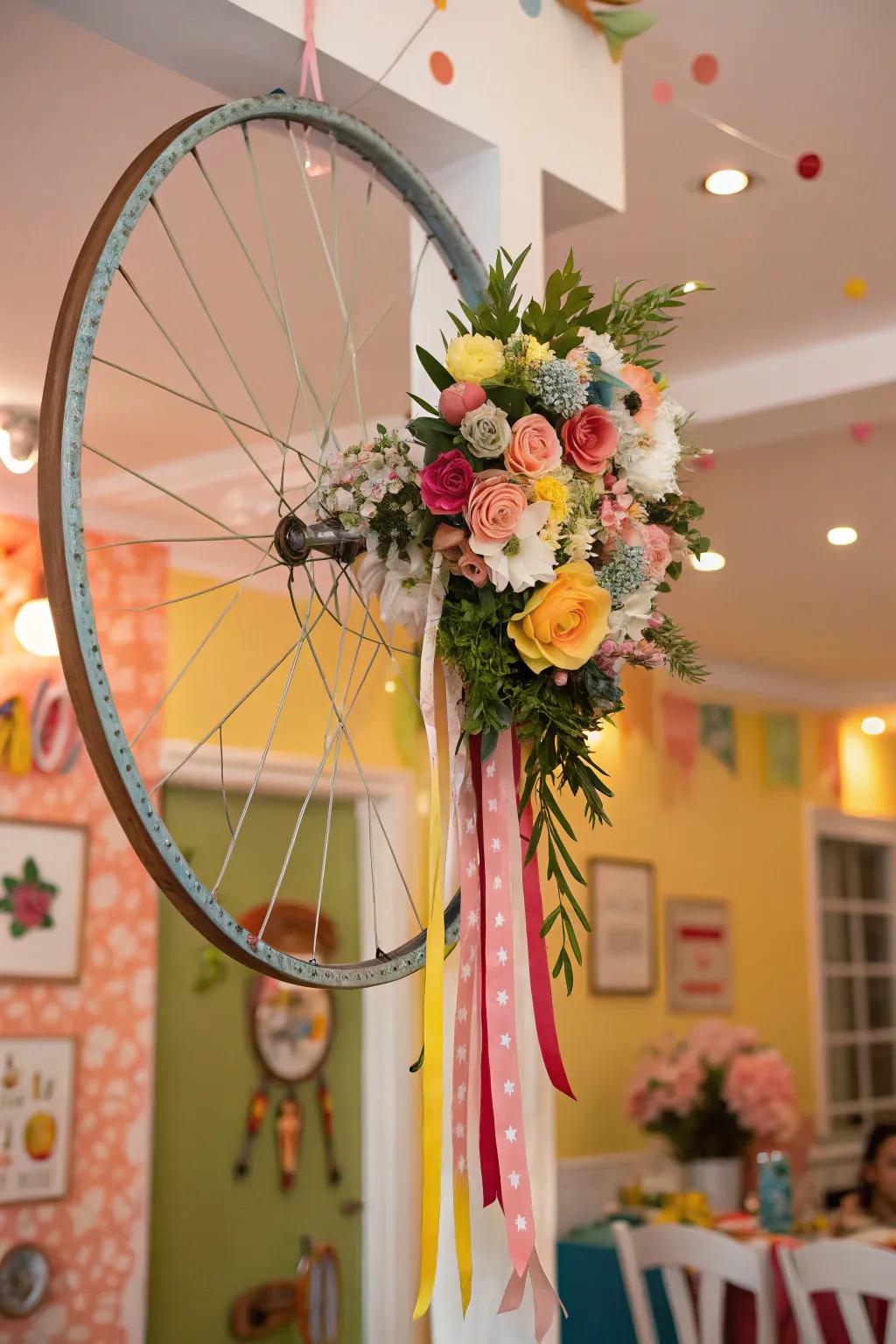 An eclectic bicycle wreath featuring a mix of styles and textures for a unique appearance.