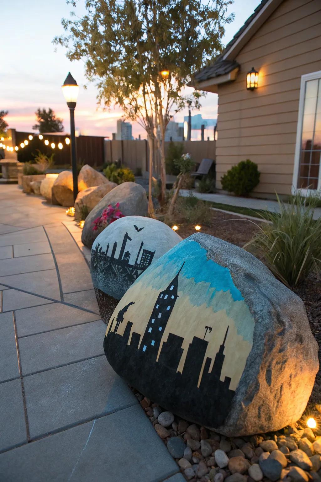 Add urban vibes with cityscape silhouette stones.