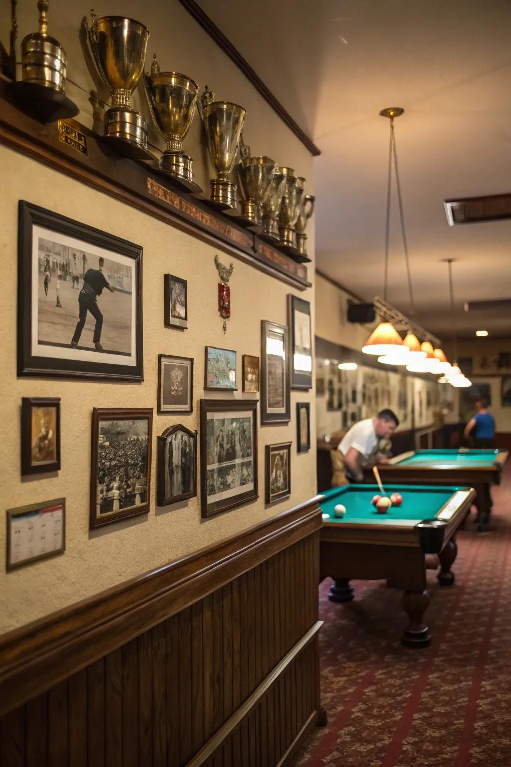 Personal memorabilia introduces a unique touch to a billiards room.