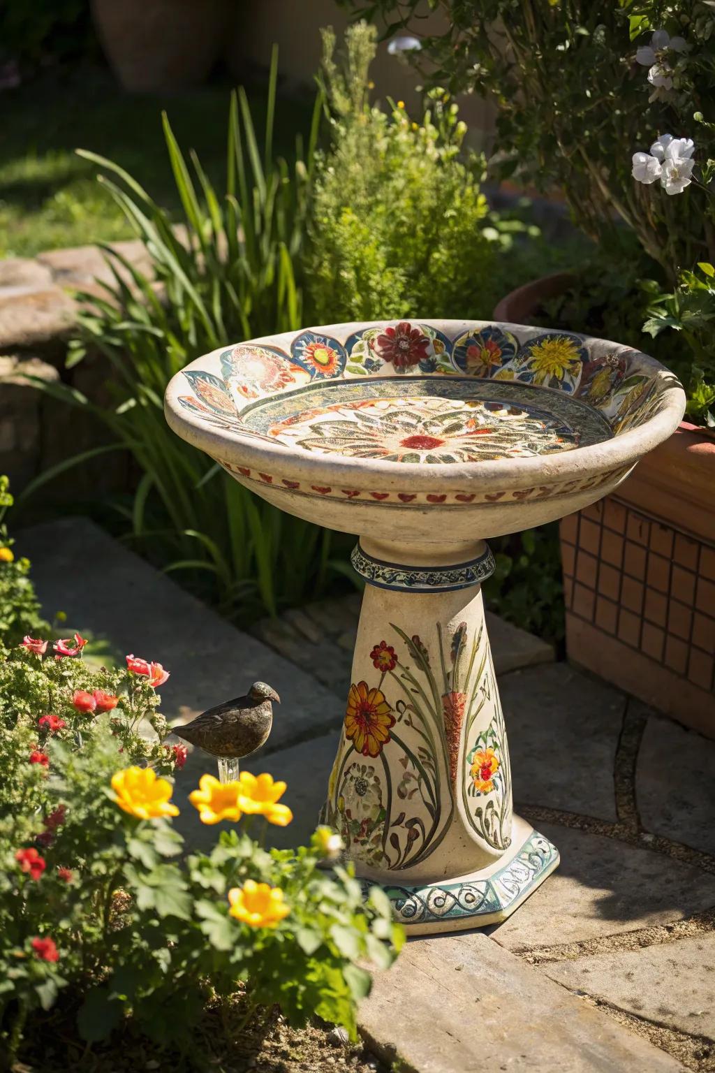An artisan ceramic bird bath showcases craftsmanship and color.