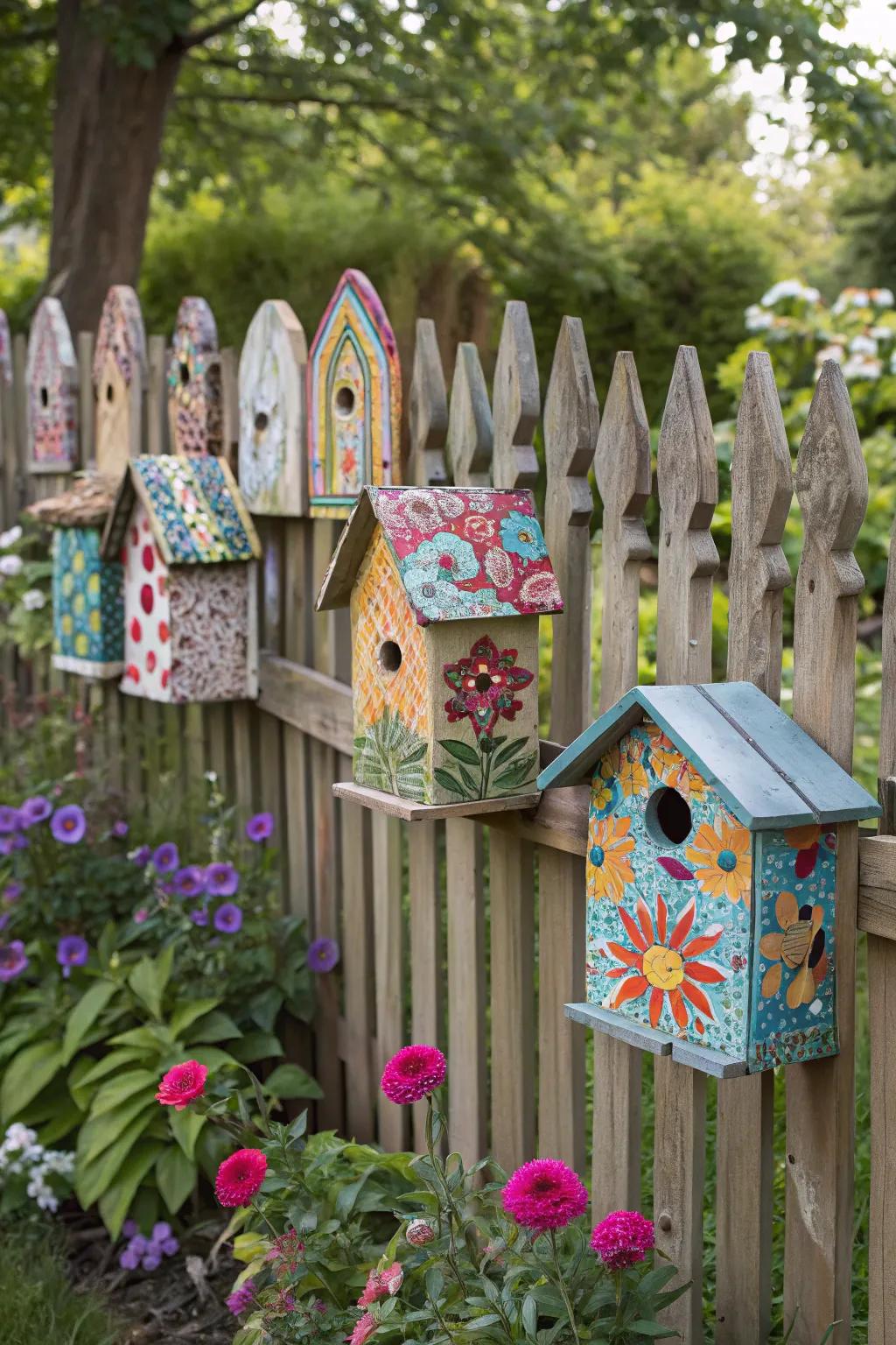 A mosaic of patterned bird dwellings transforms the fence into a colorful art piece.