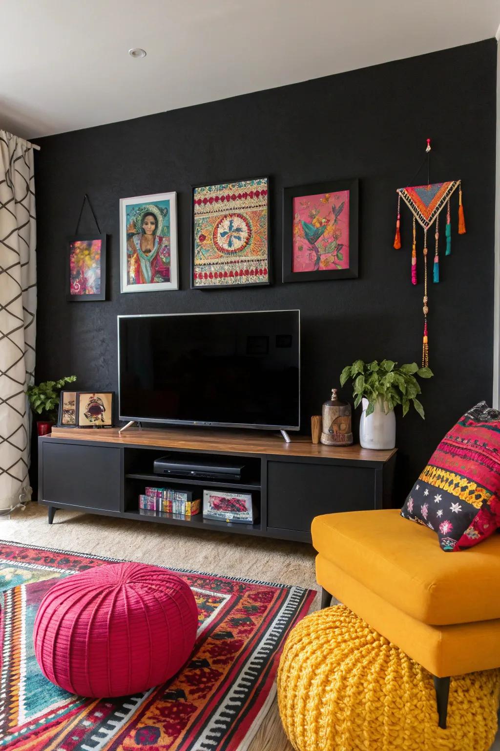 A burst of hue injects energy and vibrance into a dark accent wall.