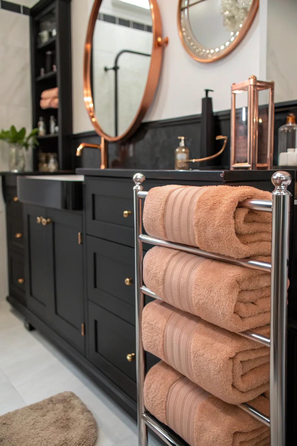 Plush textiles in copper tones add warmth and comfort.