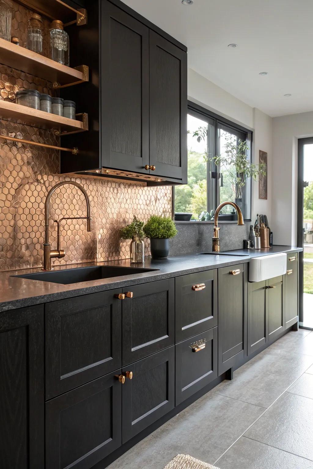 The use of contrasting textures enhances depth within a black and copper kitchen.