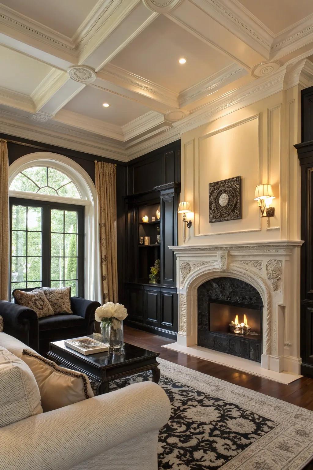 Architectural features painted in ebony create dimension in the cream living space.