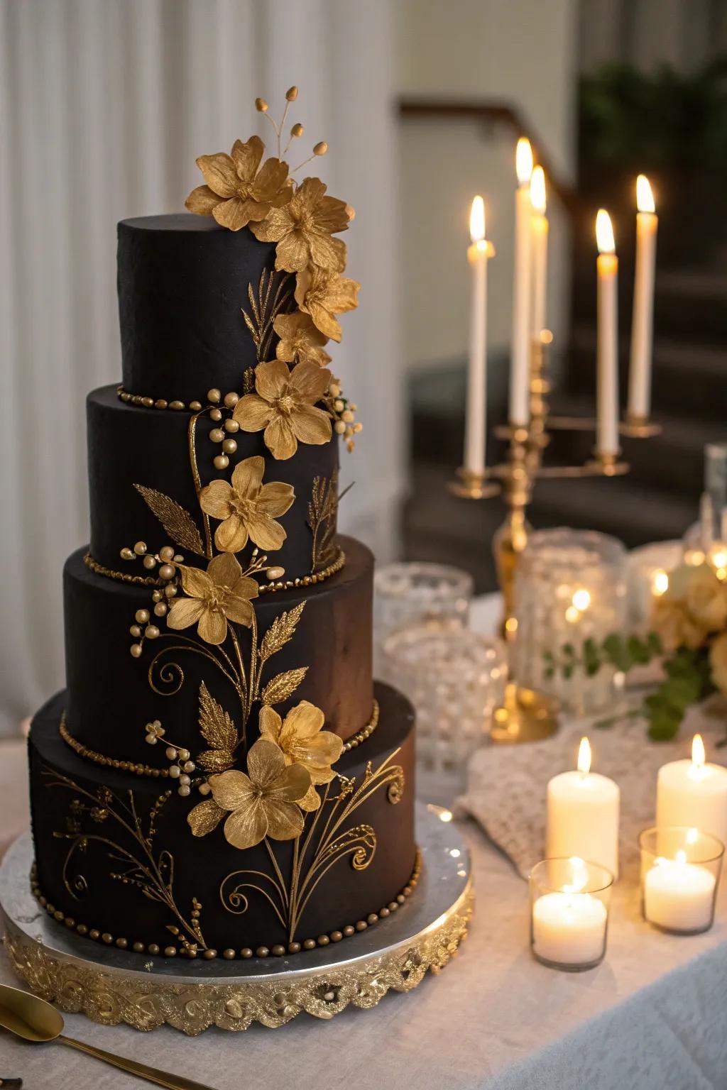 A cascade of golden flowers adds romance and drama to this cake.