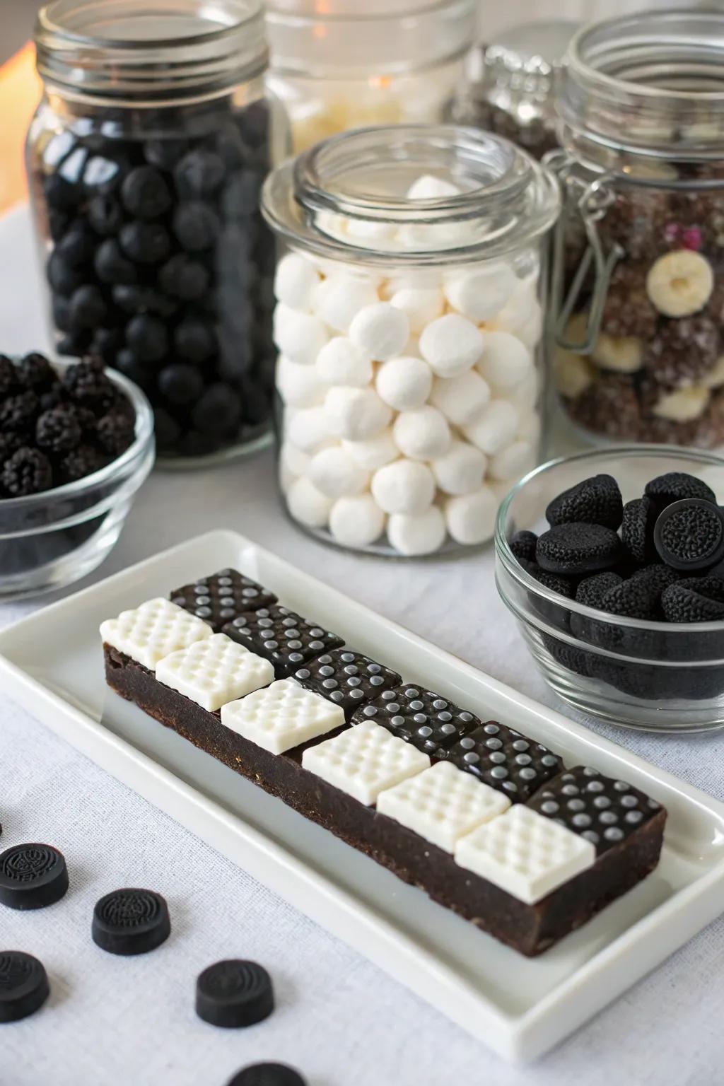 A monochrome sweets table delights attendees with sweet treats.