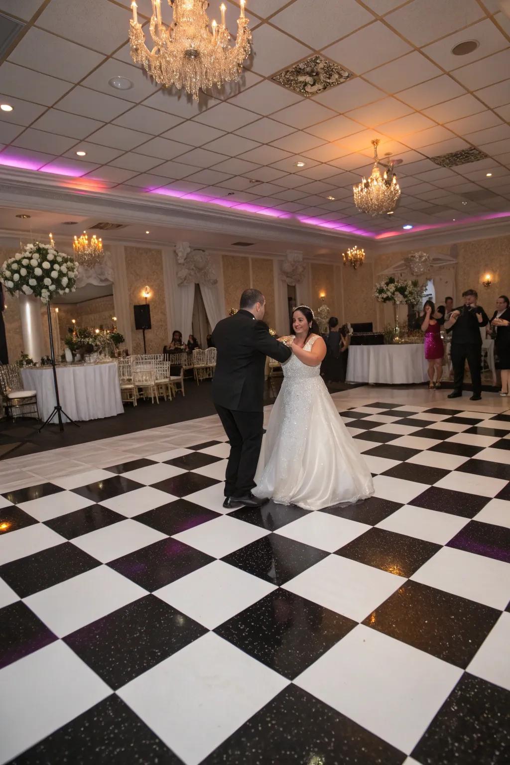 A checkered dance area establishes a lively atmosphere for wedding celebrations.